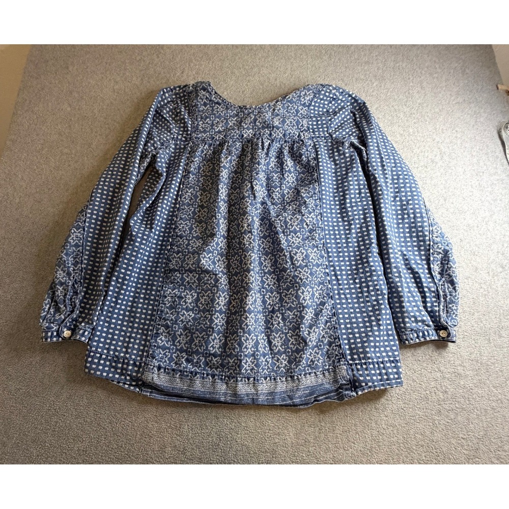 J.Crew Womens Indigo Blue Block Print Babydoll Long Sleeve Blouse Size 2
